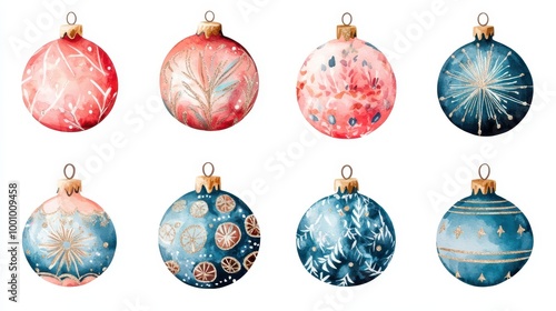 A collection of beautifully designed Christmas ornaments featuring intricate patterns in red and blue tones, perfect for holiday-themed projects, greeting cards, or festive decorations,