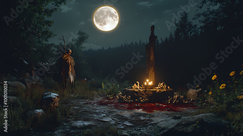 Generative AI, Dark Pagan Ritual at a Wilderness Altar Under the Moonlight