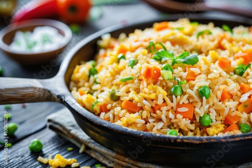 Shrimp Fried Rice with Vegetables and Green Onions in a Black Bowl, Vibrant and Flavorful