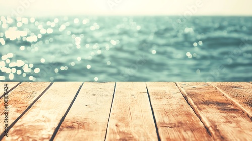 A sunlit wooden dock overlooking a shimmering sea  perfect for evoking tranquility and nature in any project.