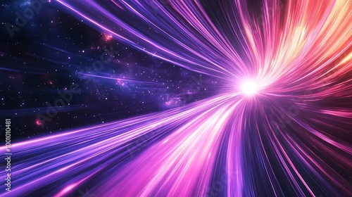  Neon speed rays abstract background. A burst of pink light energy. The movement of luminous purple rays in space. 