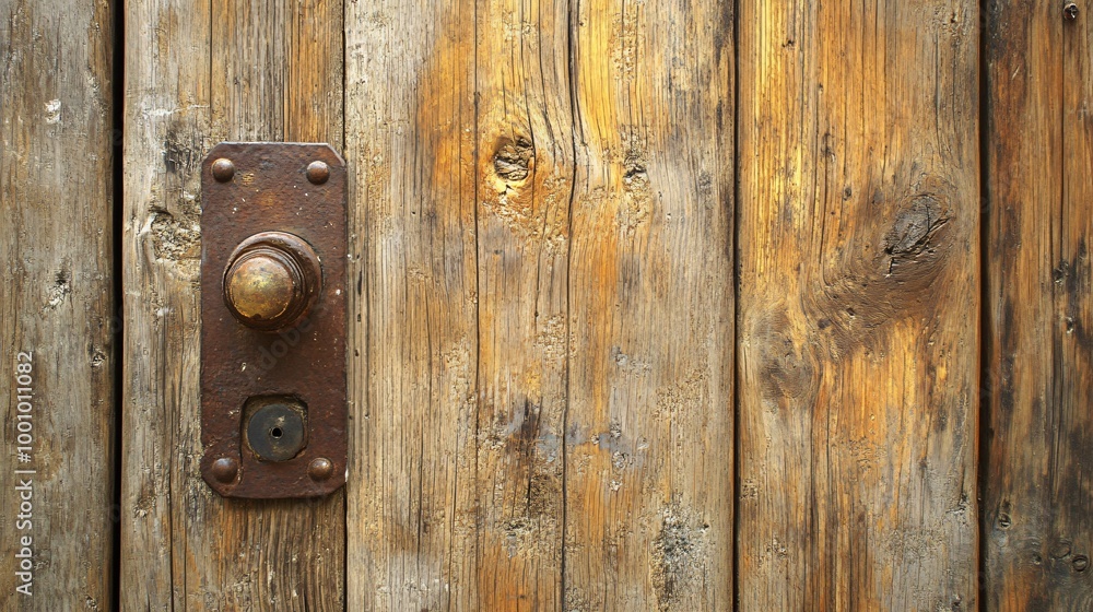 Close-up of an old, weathered wooden door with a rusty metal latch. Close-up of an old, weathered wooden door with a rusty metal latch.
