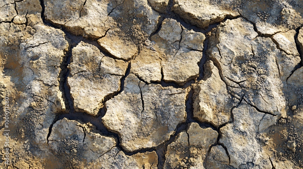 Close-up of cracked, dry earth with light and dark brown tones and a web of fine cracks. Close-up of cracked, dry earth with light and dark brown tones and a web of fine cracks.