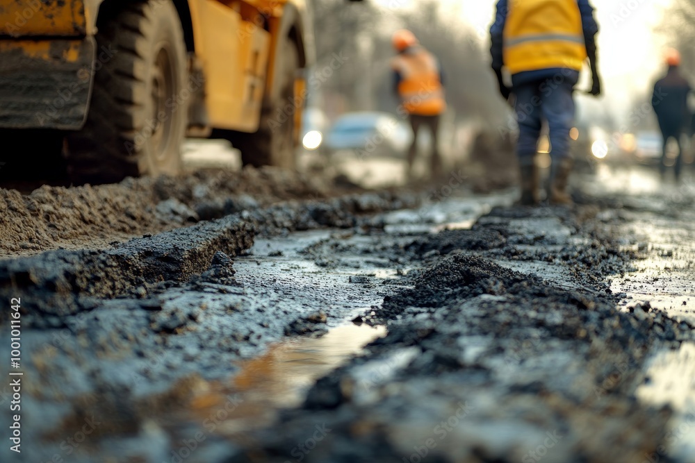 Close-Up of Workers Repairing a Road to Fix Construction Issues Close-Up of Workers Repairing a Road to Fix Construction Issues