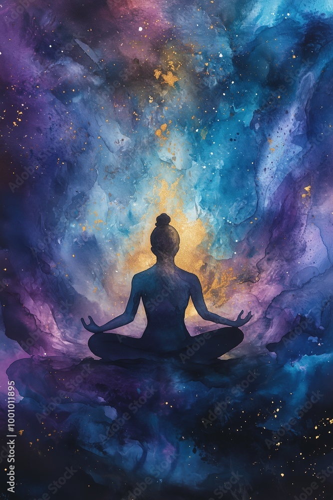 Fototapeta premium Abstract Watercolor of Meditation, Yoga in Dreamlike Galaxy, Symbolizing Mental Health and Mindfulness Awareness