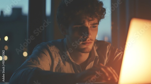 A young man focused on his work, illuminated by the glow of a laptop at night, embodying concentration and creativity. photo