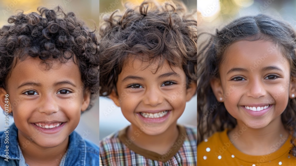 Three diverse children smiling in close-up, each with distinct hair types Three diverse children smiling in close-up, each with distinct hair types