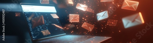 Laptop with Floating Email Icons Representing Digital Communication and Technology