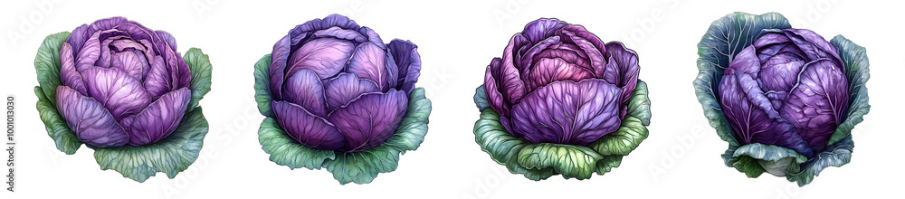 Obraz premium Set of Four Purple Cabbages Isolated on Transparent Background PNG