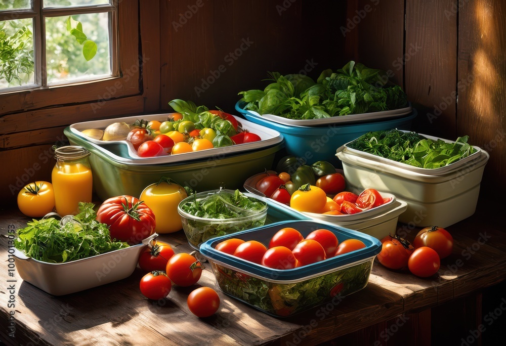 colorful vibrant food containers surrounded fresh ingredients creating lively culinary arrangement, bowl, bright, contemporary, delicious, dining, display colorful vibrant food containers surrounded fresh ingredients creating lively culinary arrangement, bowl, bright, contemporary, delicious, dining, display