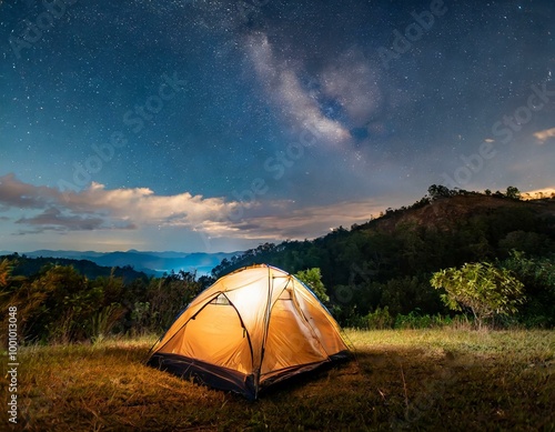 illuminated camping tent at night with a starry sky