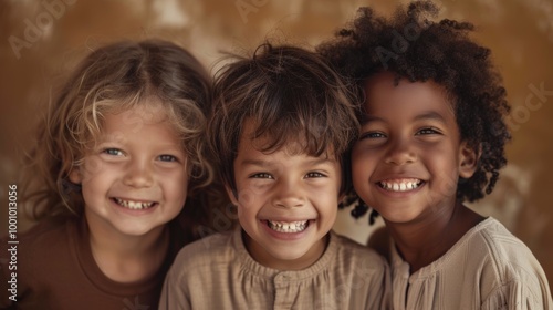 Three happy children with different hair textures, smiling brightly