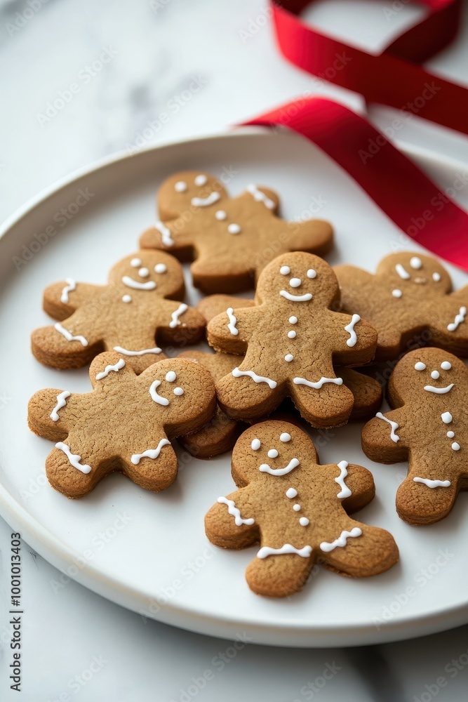 Festive Gingerbread Cookies on a White Plate with Red Ribbon for Holiday Celebrations Festive Gingerbread Cookies on a White Plate with Red Ribbon for Holiday Celebrations