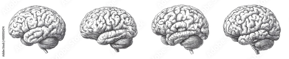 Fototapeta premium Set of Four Vintage Human Brain Illustrations Isolated on Transparent Background PNG