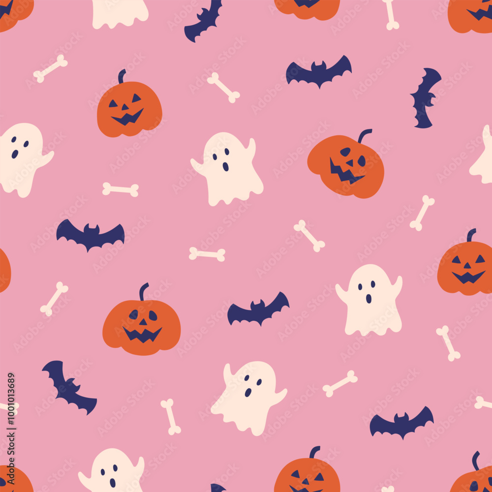 Halloween seamless pattern. Cute background for Halloween party fabric or kids stuff. Pumpkin monsters, ghosts, bats and bones in cartoon flat style. Vector illustration Halloween seamless pattern. Cute background for Halloween party fabric or kids stuff. Pumpkin monsters, ghosts, bats and bones in cartoon flat style. Vector illustration