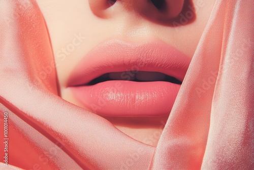 Close-up of soft, pink lips framed by a delicate, flowing scarf, capturing beauty and elegance in a minimalist style. photo