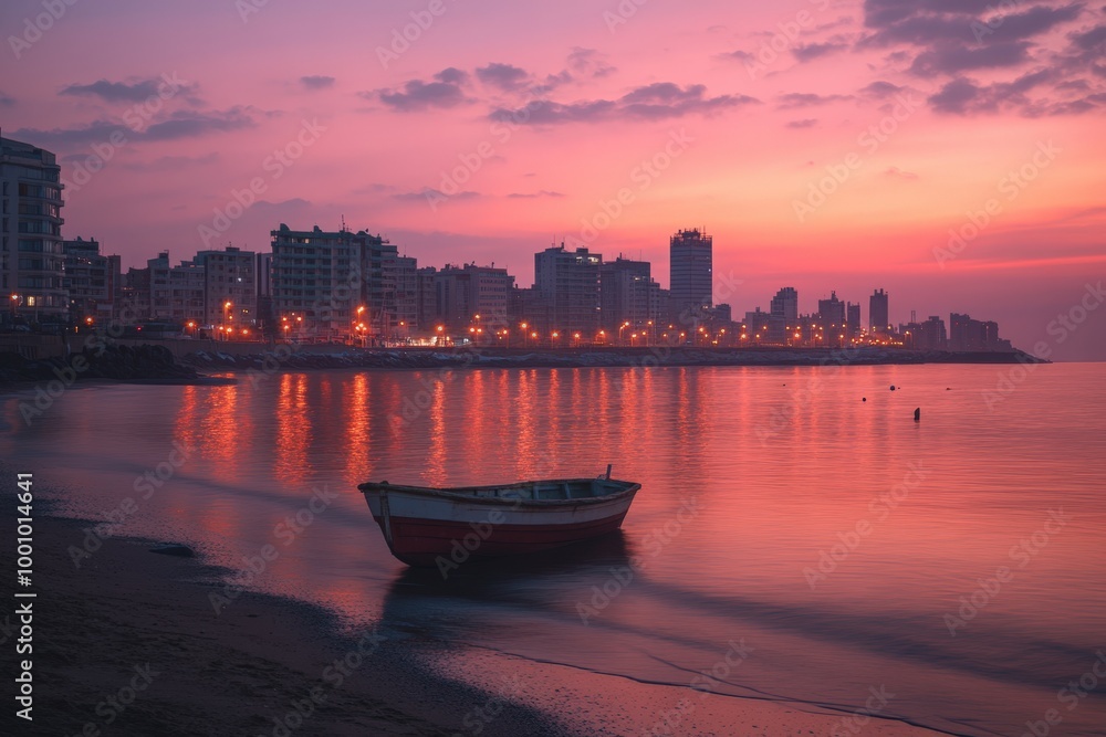 Naklejka premium Stunning sunset over a coastal city skyline