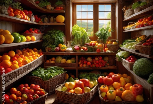 colorful display fresh food donated neat organised pantry vibrant items tidy arrangement, canned, goods, fruits, vegetables, assortment, donations, shelves photo