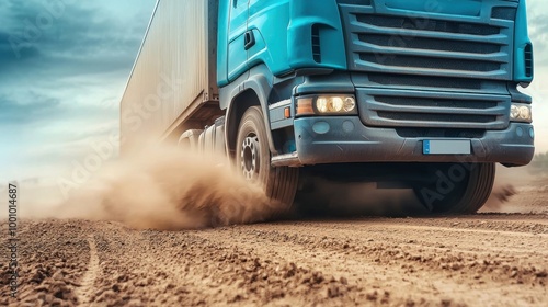 Blue Semi Truck Driving on Dirt Road with Dust Cloud photo