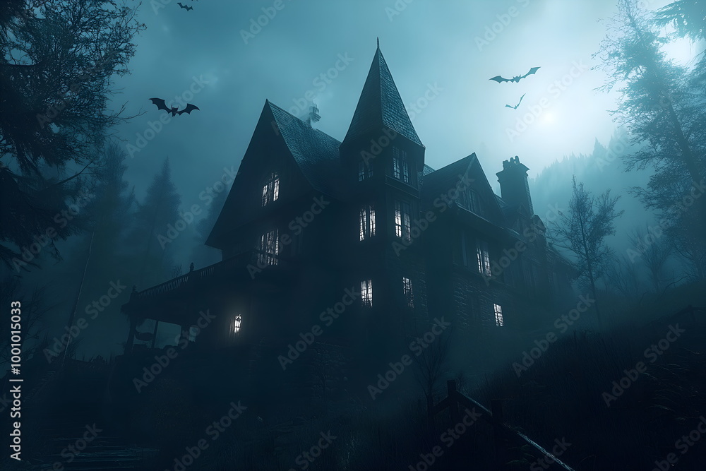 A haunted house at night, with eerie green mist surrounding the building, bats flying overhead A haunted house at night, with eerie green mist surrounding the building, bats flying overhead