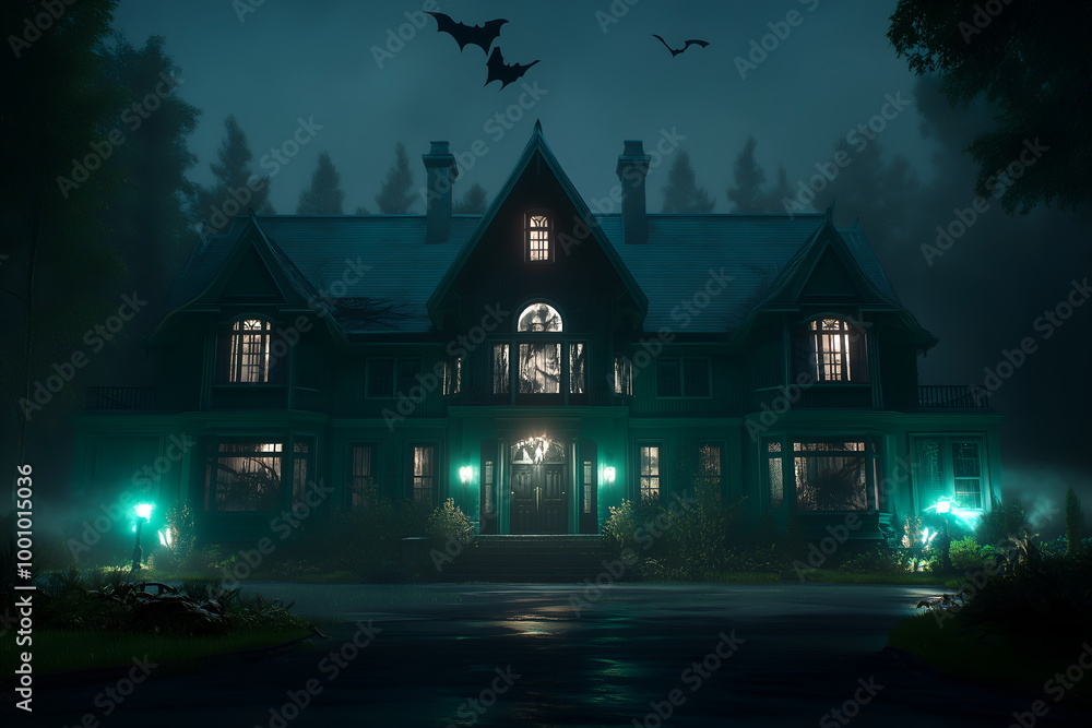 A haunted house at night, with eerie green mist surrounding the building, bats flying overhead A haunted house at night, with eerie green mist surrounding the building, bats flying overhead