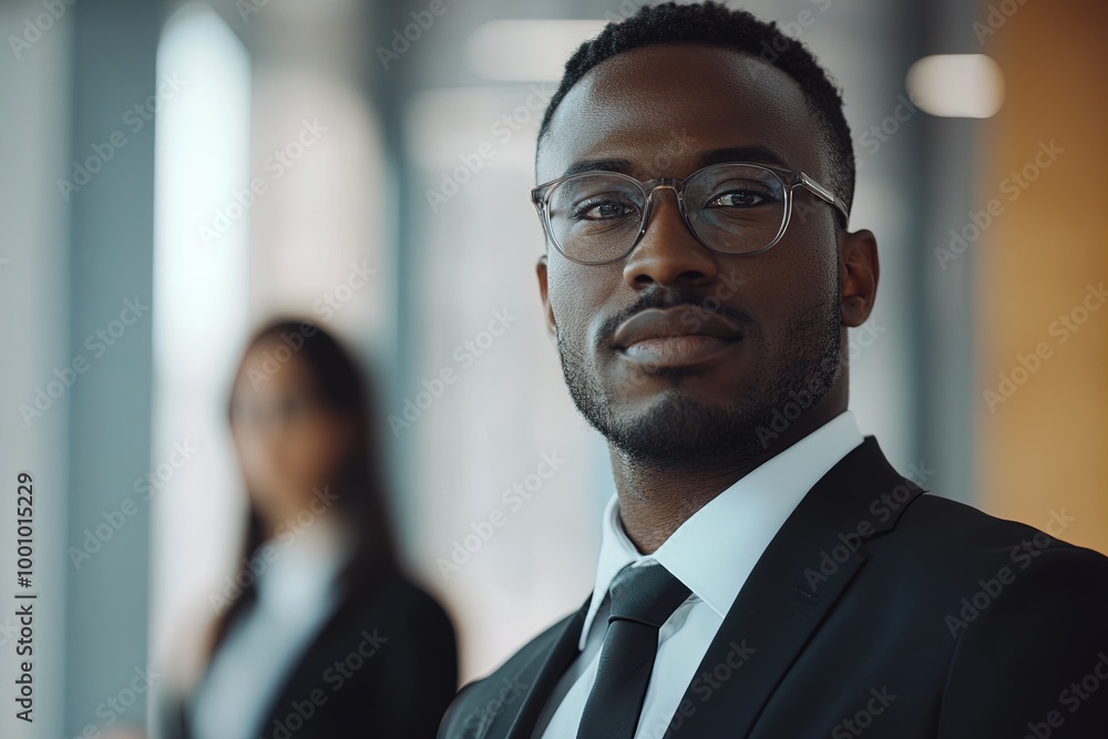 Fototapeta premium Professional Man in a Suit Standing Confidently in a Modern Office During a Business Meeting