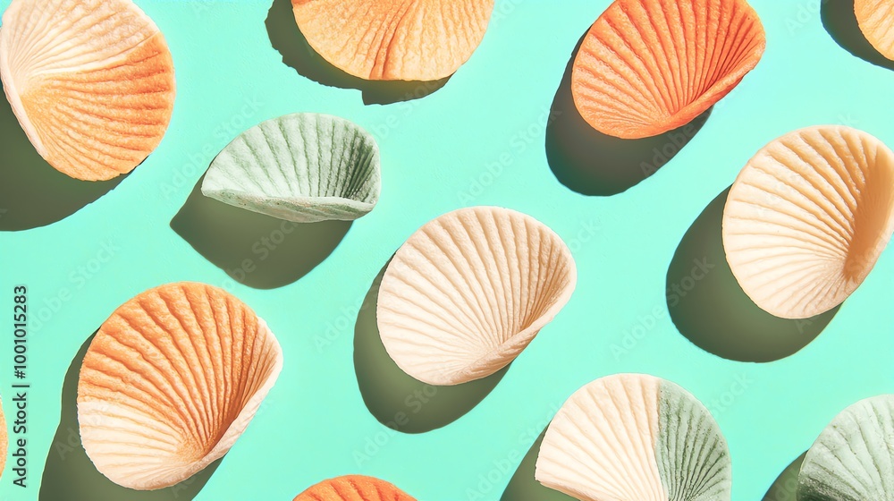 Colorful paper shells arranged on a turquoise background, creating a vibrant and playful aesthetic for design and decor. Colorful paper shells arranged on a turquoise background, creating a vibrant and playful aesthetic for design and decor.