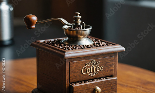 A vintage coffee grinder sits on a wooden table, ready to grind fresh coffee beans for the perfect cup