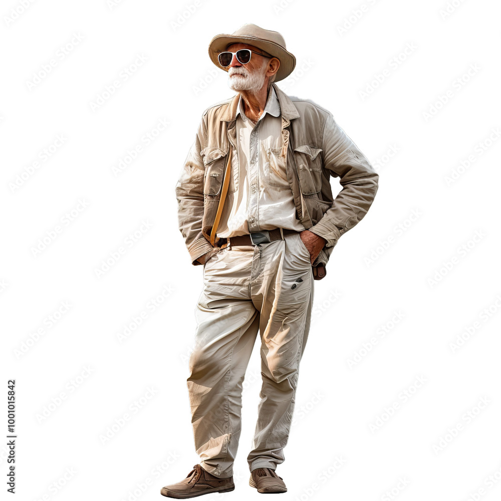 Confident senior man with a white beard is standing with his hands in his pockets, enjoying the outdoors in his safari clothes Confident senior man with a white beard is standing with his hands in his pockets, enjoying the outdoors in his safari clothes