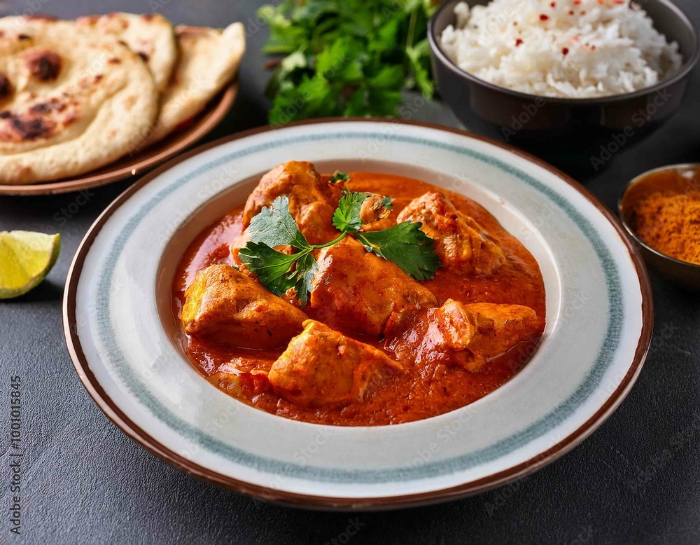indian butter chicken tikka masala curry served with naan bread and spice indian butter chicken tikka masala curry served with naan bread and spice
