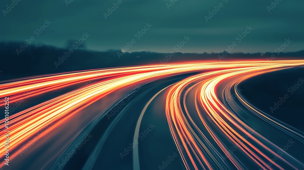 Dynamic light trails create a mesmerizing effect on a winding road at dusk, showcasing motion and speed in a vibrant scene. Dynamic light trails create a mesmerizing effect on a winding road at dusk, showcasing motion and speed in a vibrant scene.