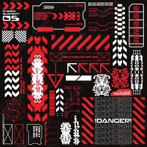 cyberpunk y2k 2000s gaming futuristic icon pattern  set collection template hud for branding fashion t-shirt decoration decals, 2d illustration rendering vector 
