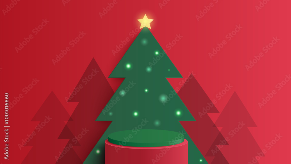 Podium Christmas. Red Podium for product display presentation with christmas tree. Podium platform to show product on red background. Merry Christmas background Podium Christmas. Red Podium for product display presentation with christmas tree. Podium platform to show product on red background. Merry Christmas background