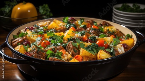 a moroccan cuisine, a slow cooked lamb tangine consisting of juicy well marinated lamb chunks infused with herbs and spices, slowly cooked garnished with parsley and chopped tomatoes and shallots