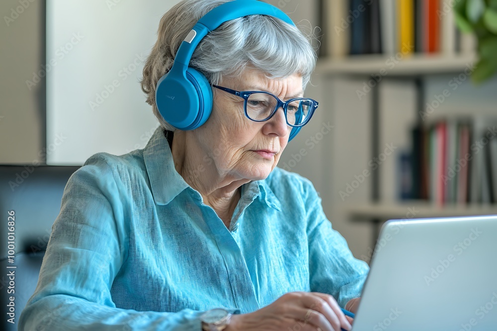Focused elderly woman with blue headphones working on laptop Focused elderly woman with blue headphones working on laptop