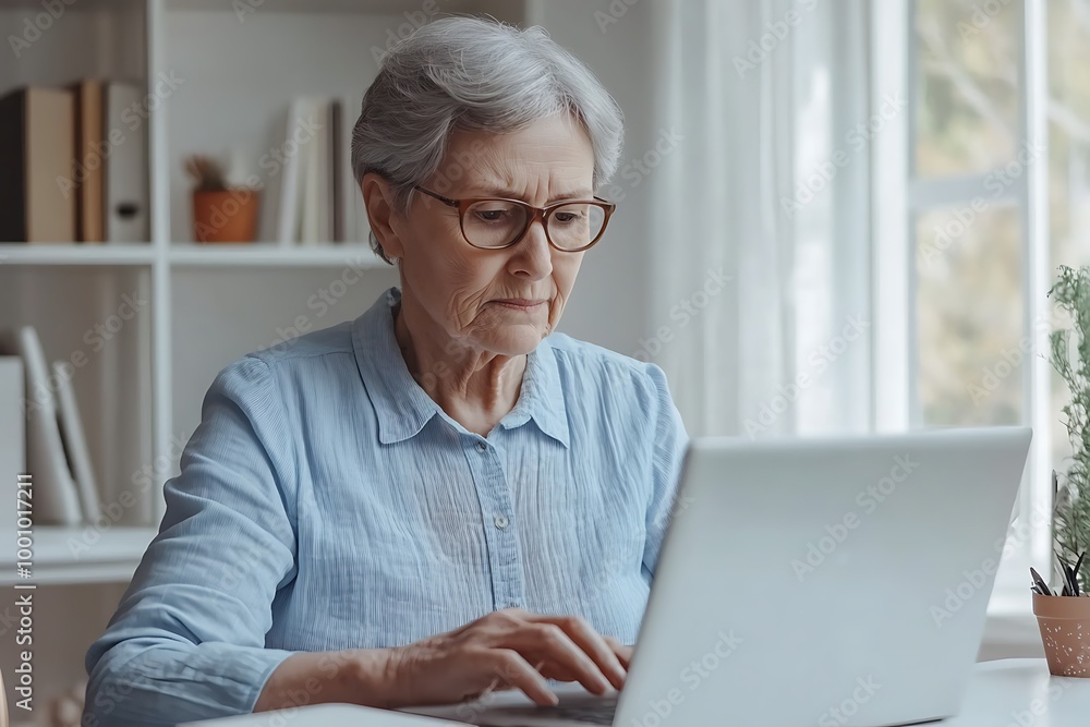 Focused senior woman working on a laptop at home Focused senior woman working on a laptop at home