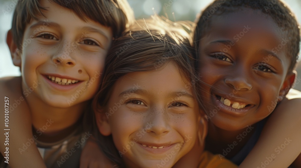 Three happy kids from different backgrounds, smiling together Three happy kids from different backgrounds, smiling together