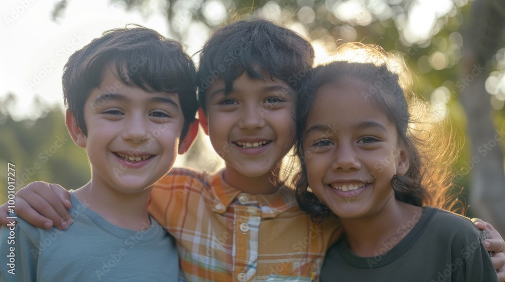 Three happy kids from different ethnic backgrounds, smiling together Three happy kids from different ethnic backgrounds, smiling together