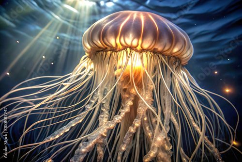 jellyfish in the seajellyfish, sea, fish, aquarium, blue, jelly, ocean, underwater, water, orange, animal, medusa, marine, life, jelly fish, deep, nature, sting, danger, tentacles, wildlife, swim, aqu photo