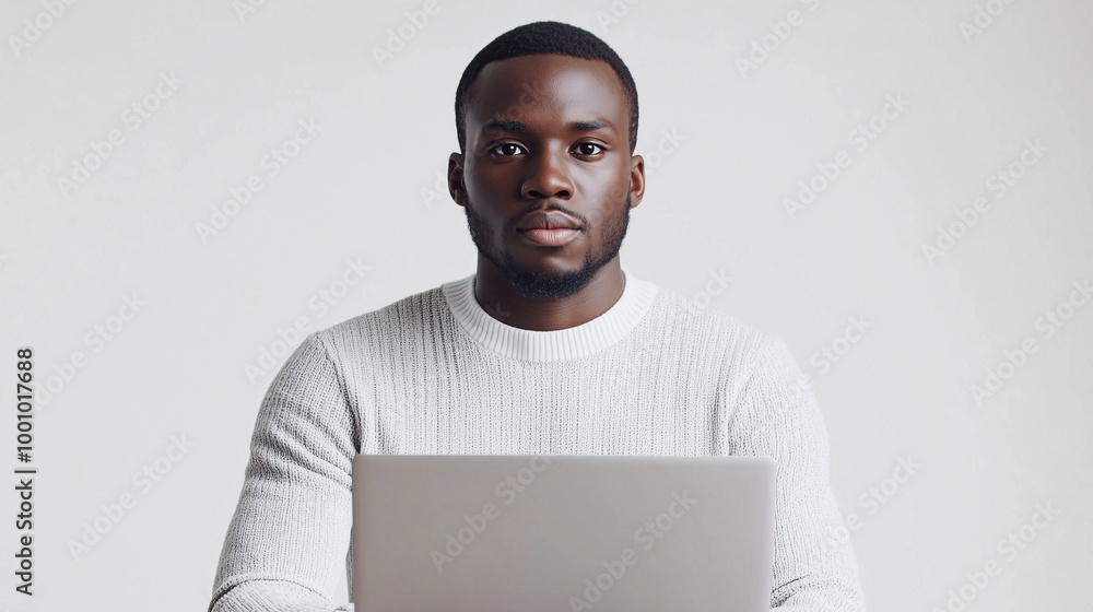 A young man wearing a white sweater sits attentively in front of a laptop in a clean, minimalist environment, focused on work.
A young man wearing a white sweater sits attentively in front of a laptop in a clean, minimalist environment, focused on work.