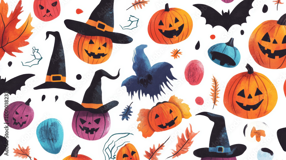 A collection of colorful Halloween items, like hats, bats, and pumpkins, all painted on a white background. A collection of colorful Halloween items, like hats, bats, and pumpkins, all painted on a white background.