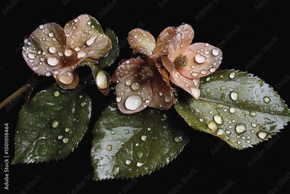 Dew-covered Flowers and Leaves Against a Black Background Dew-covered Flowers and Leaves Against a Black Background