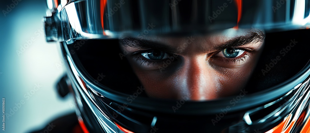 Intense gaze of a race car driver in helmet Intense gaze of a race car driver in helmet