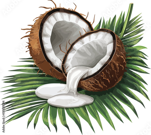 Coconut And Milk Splash With Palm Leaves Realistic Illustration 3d Vector Icon.
