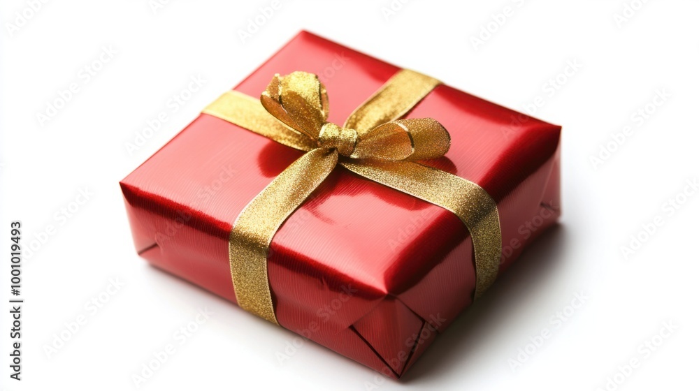 Brightly wrapped New Year gift in shiny red paper with a gold ribbon, isolated on white background for a festive holiday look. Brightly wrapped New Year gift in shiny red paper with a gold ribbon, isolated on white background for a festive holiday look.