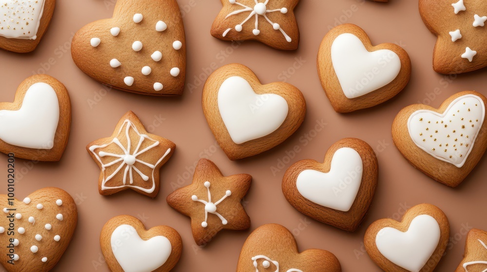 Delightful Christmas Cookies in Festive Shapes and Colors on Warm Toned Background Delightful Christmas Cookies in Festive Shapes and Colors on Warm Toned Background