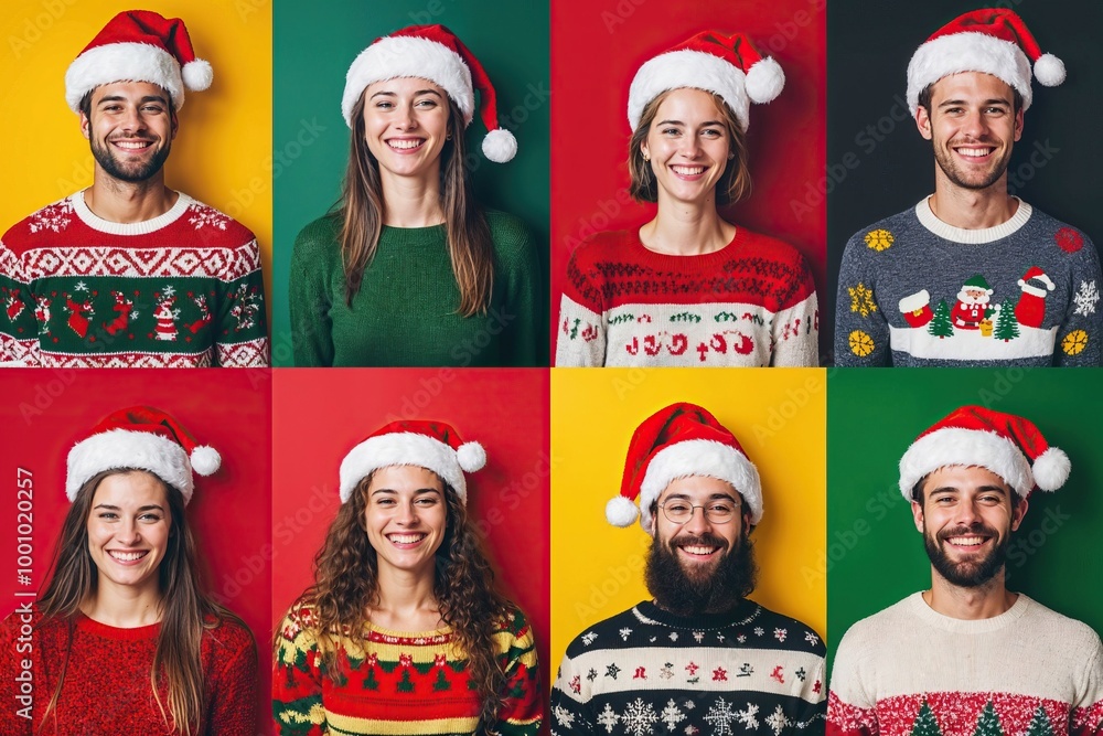 Grid of 8 people with Santa hats and Christmas sweaters isolated on bright colors Grid of 8 people with Santa hats and Christmas sweaters isolated on bright colors