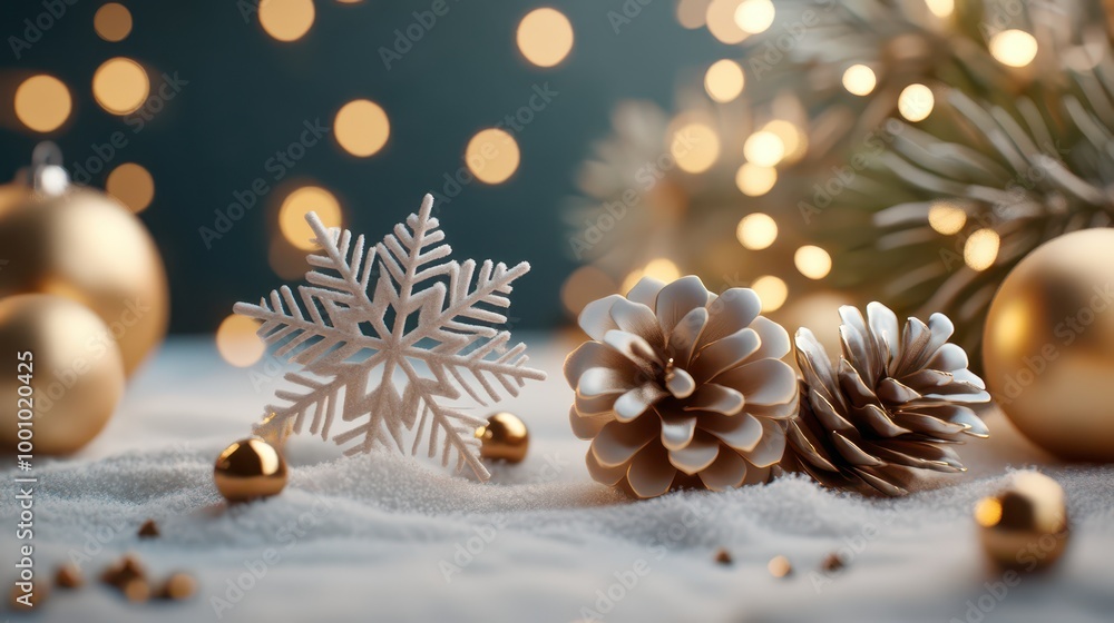Elegant Christmas with Golden and Silver Accents on Snowy Background Elegant Christmas with Golden and Silver Accents on Snowy Background