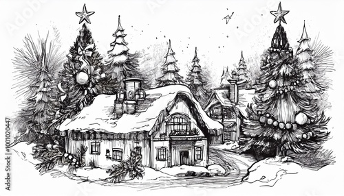 Christmas card. Cozy winter houses in Scandinavian style. Editable illustration for Christmas invitation, card and website banner. Scandinavian architecture.