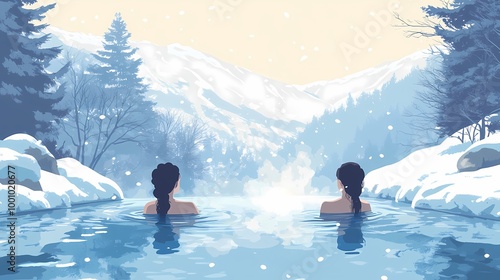 Winter travel illustration with people soaking in a hot spring photo